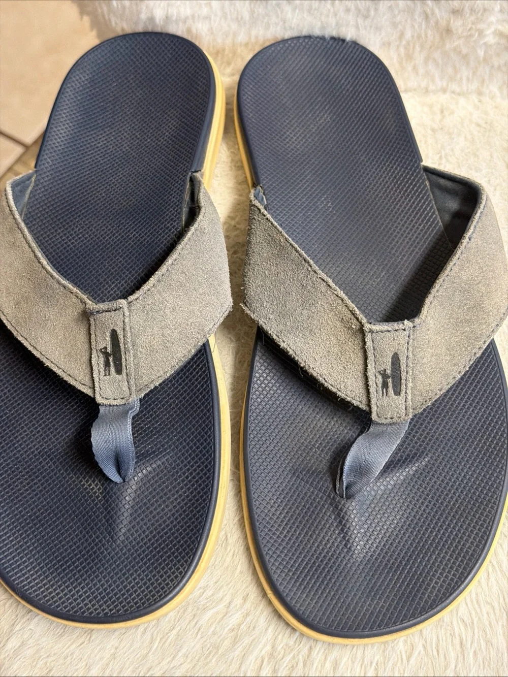 johnnie-O Gray Suede Strap Flip Flops with Navy Footbed